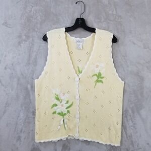 Vintage Sweater Vest Butter Yellow Floral Embroidered Ribbons Women L Cottage